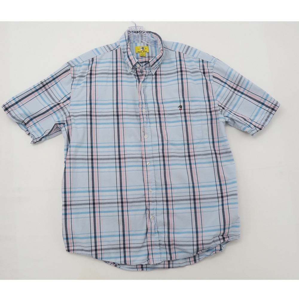 Duck Head‎ Mens Large Short Sleeve Plaid Button Down Shirt Blue Pink Cotton